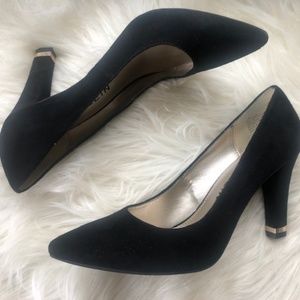 Black Suede Block Heel Pump with Gold Accent